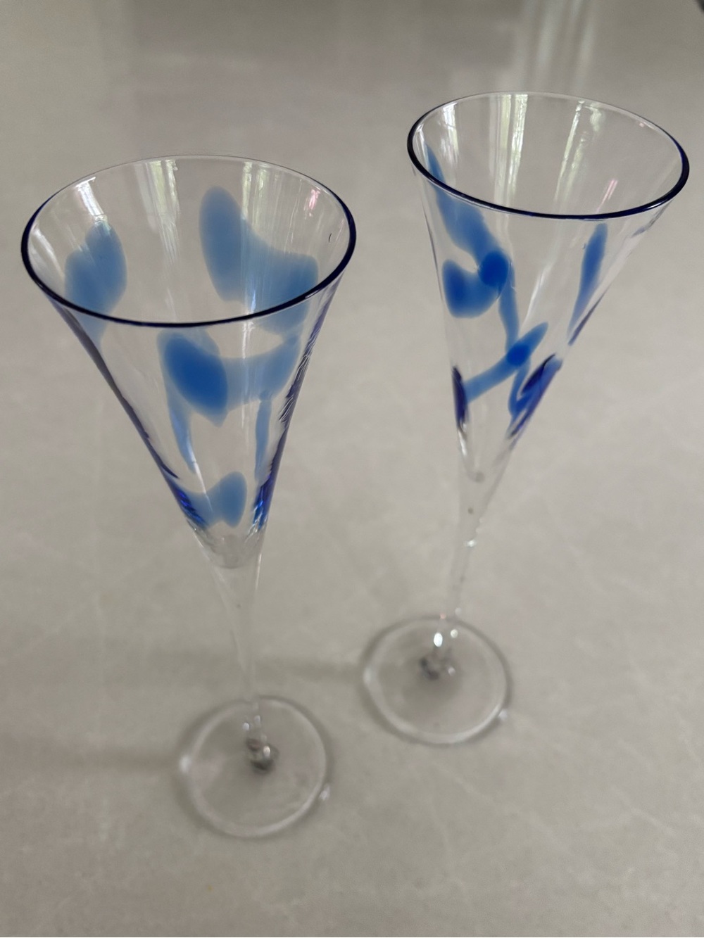 Hand-Blown Blue Accent Champagne Flute Pair Art Glass Home Décor